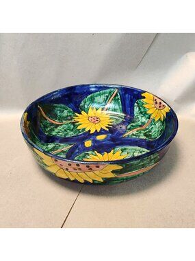 Vintage Mexican Folk Art Sunflower Serving Bowl, Hand-Painted Talavera Pottery